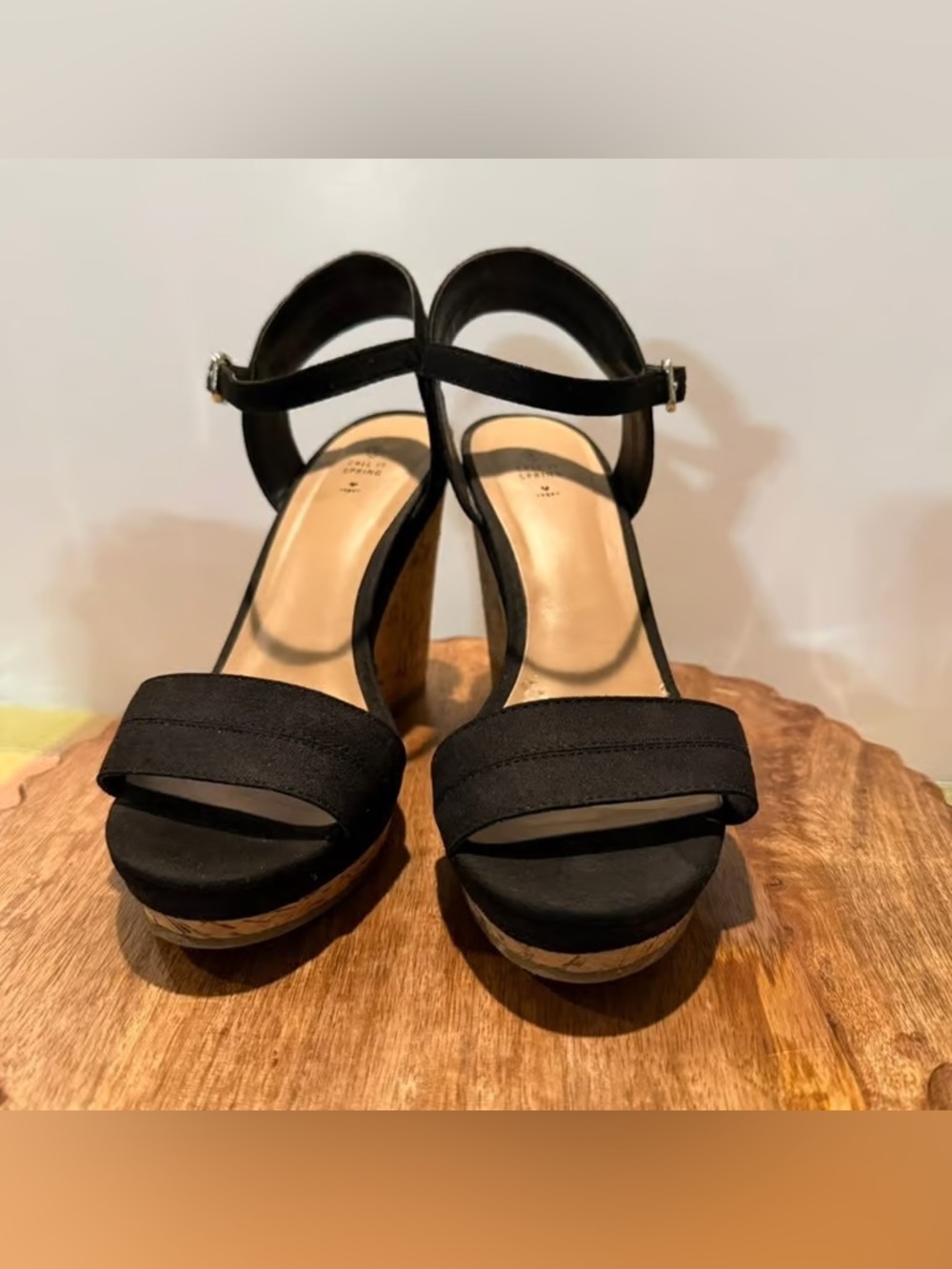 Time and Tru Black Cork Wedge Ankle-Strap Sandals